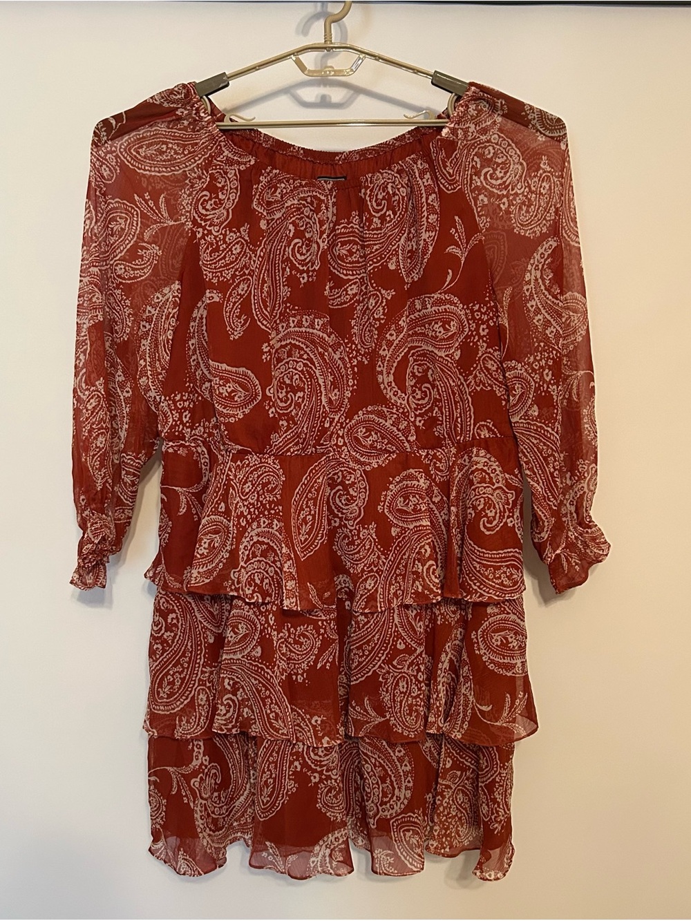 Rust Paisley Tiered Long-Sleeve Chiffon Dress
